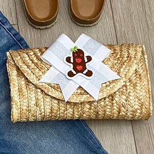 Gingerbread Man Straw Clutch with White Sparkle Bow